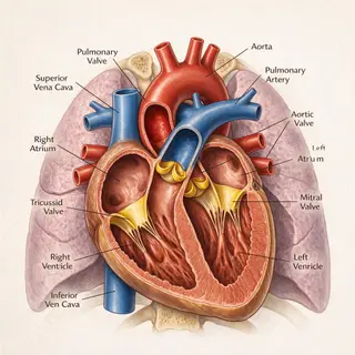 An anatomical illustration of the human heart showing four c