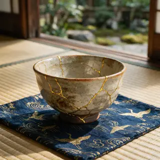 A Japanese kintsugi bowl — cracked ceramic repaired with vis