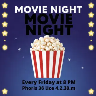 A movie night poster with a large popcorn image in the cente