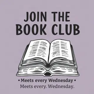 A book club poster with an open book illustration, the title