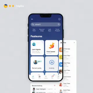 A mobile app UI mockup showing a dashboard with a top naviga