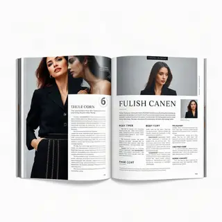 A fashion magazine spread with a full-bleed left-page photo,