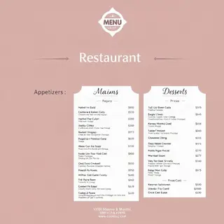 A restaurant menu layout with a logo header, three category 