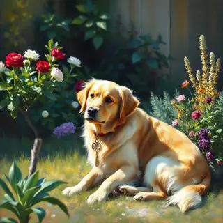 A golden retriever sitting in a garden, painted in the style