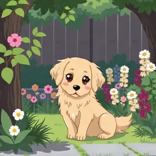 A golden retriever sitting in a garden, rendered in Japanese