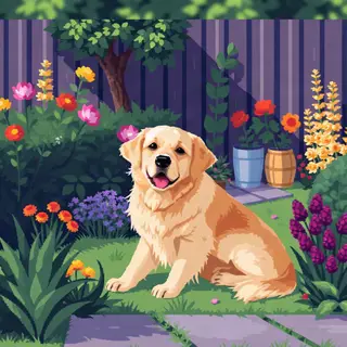 A golden retriever sitting in a garden, rendered in pixel ar