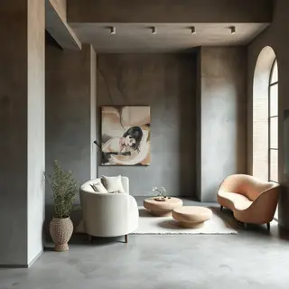 An interior scene rendered in soft brutalism — raw concrete 