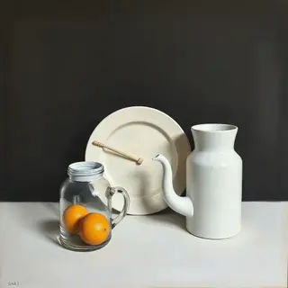 A still life painted in anxious minimalism — sparse composit