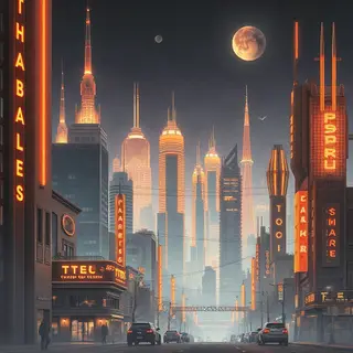 A cityscape rendered in nostalgic futurism — retro-futuristi
