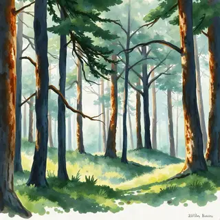 A forest rendered in photorealistic watercolor — the detail 