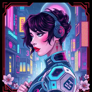 A woman in a futuristic city rendered in cyberpunk Art Nouve