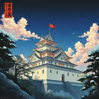 A medieval castle depicted in Japanese ukiyo-e woodblock pri
