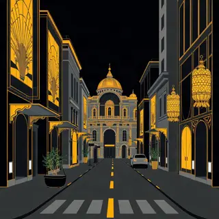 A city street scene in the style of Art Deco — geometric sha