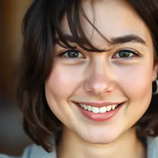 A close-up portrait of a young woman with a warm natural smi