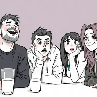 A group of three friends at a table: one laughing with head 