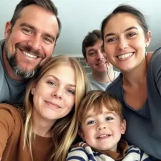 A family photo with four people: a father beaming with pride