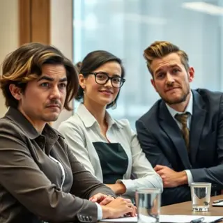 Three coworkers in a meeting: one looking frustrated with fu