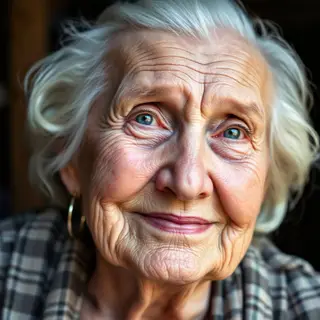 An elderly woman in her 80s with deep wrinkles and white hai