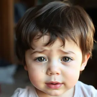 A 5-year-old child with round cheeks and large eyes, crying 