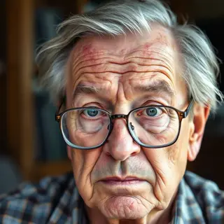 An elderly man in his 70s with age spots and thinning gray h
