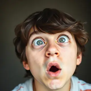 A portrait capturing genuine surprise — raised eyebrows, wid