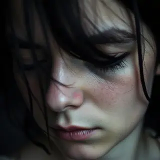 A face showing quiet melancholy — downcast eyes, slightly dr