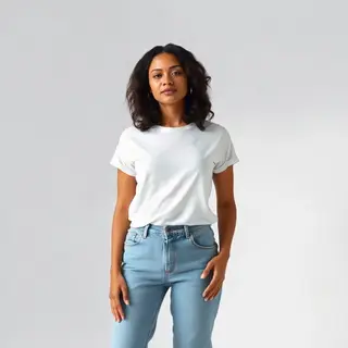A woman standing upright in a relaxed pose, arms at her side