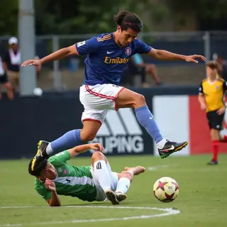 Two soccer players mid-tackle, one sliding and the other jum