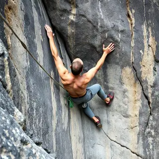 A rock climber clinging to a cliff face with arms and legs e