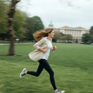 A woman mid-stride running through a park, hair and clothes 