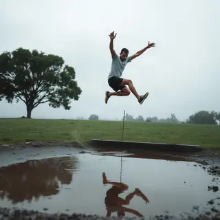 A man captured mid-jump over a puddle, body in the air with 