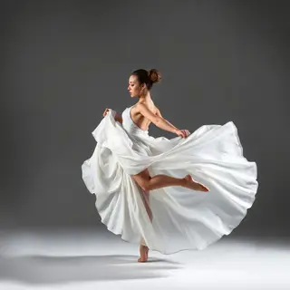 A dancer in a dynamic spin, dress flowing outward with one l