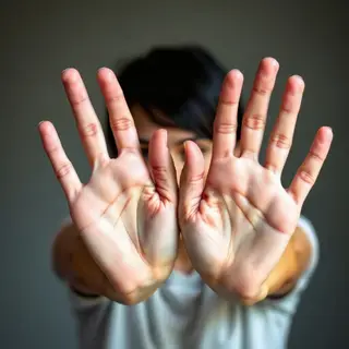A woman holding her hands out in front of her palms-up, all 