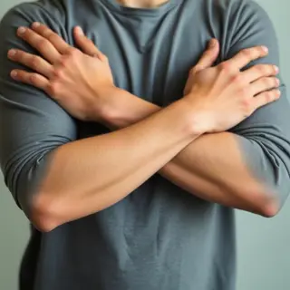 A man with arms crossed, both hands resting on opposite uppe