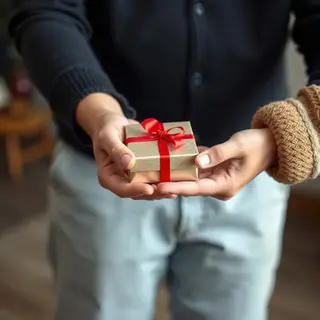 One person handing a small gift box to another person, both 