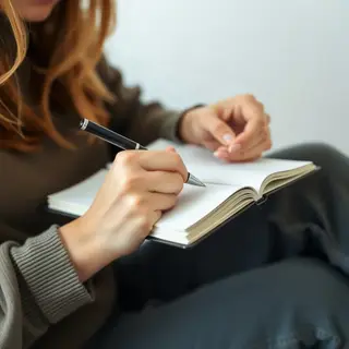 A woman writing in a notebook with a pen gripped correctly i