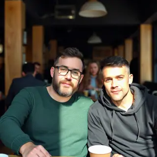Two men at a cafe: one with a beard and glasses wearing a gr