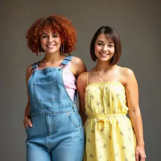 Two friends posing: one tall with curly red hair in denim ov