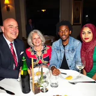 Four people at a dinner table: a bald man in a suit, a woman