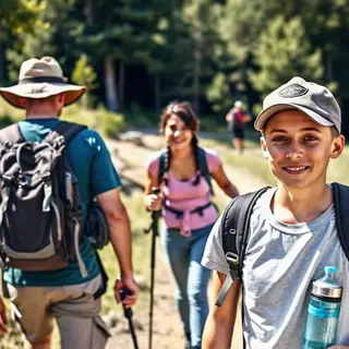 Three hikers on a trail: a man with a backpack and sunhat, a