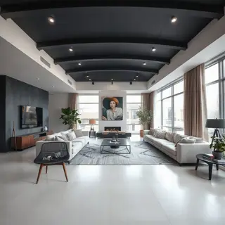 A wide-angle shot of a modern living room interior showing e