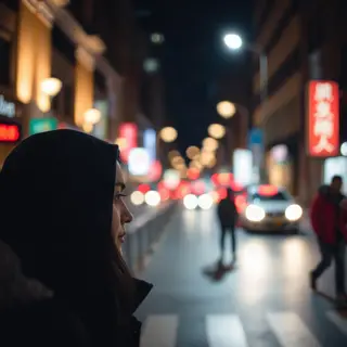 A street photograph with shallow depth of field as if shot a