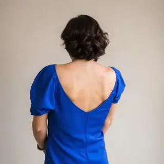 A woman wearing a royal blue evening dress against a neutral