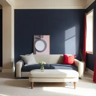 A minimalist room with walls in #F5E6CC (warm cream), a sofa