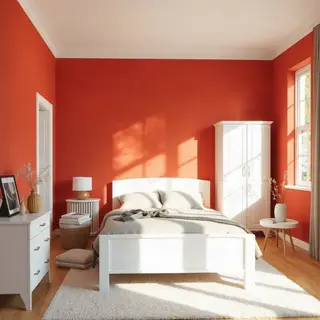 A bedroom wall painted in #FF6B35 (burnt orange) with white 