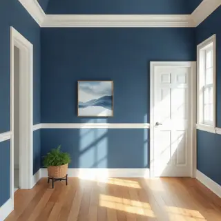 A room with walls in #4A90D9 (medium blue) with warm wooden 