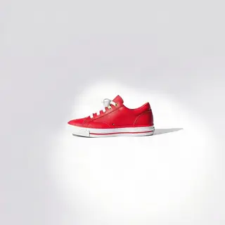 A single red sneaker on a clean white background with soft s