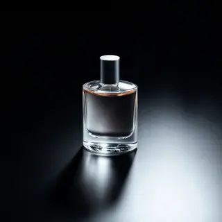 A clear glass perfume bottle on a reflective black surface w