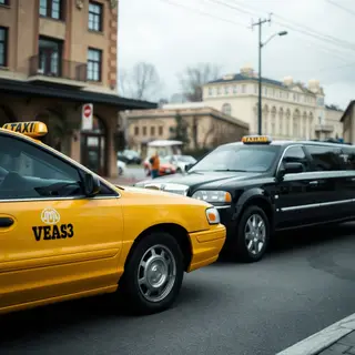 A yellow taxi and a black limousine parked next to each othe