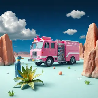 A pink fire truck, a blue banana, and a green sun in a surre